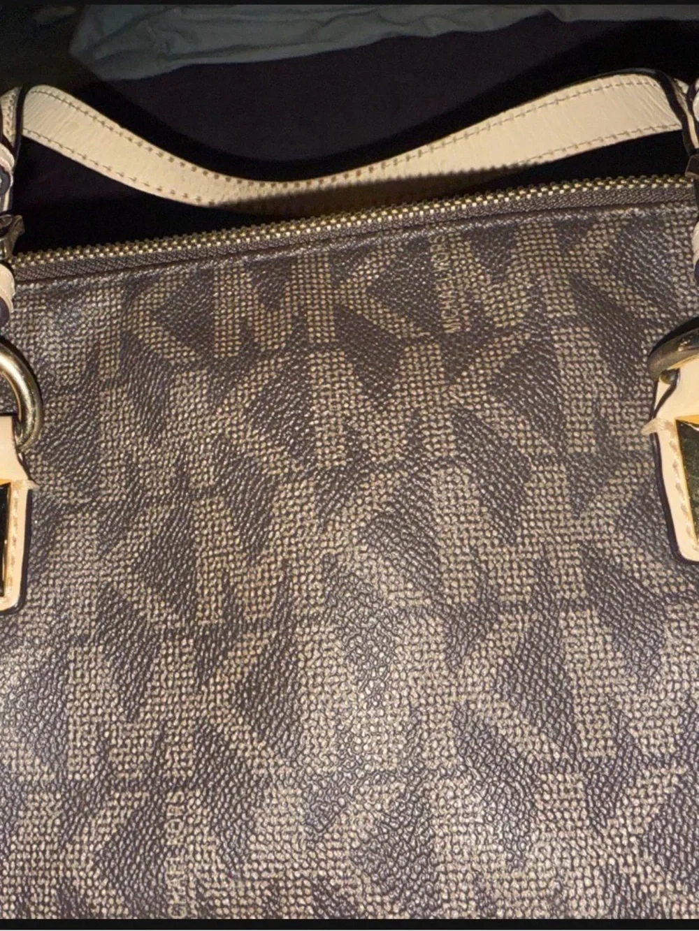 Michael Kors Brown Signature MK Tote with Beige Trim and Gold Charm